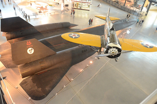 Steven F. Udvar-Hazy Center: View down onto SR-71 Blackbird & Boeing P-26A Peashooter