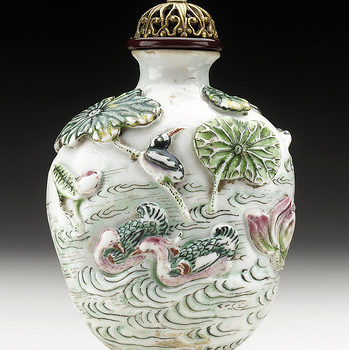 Snuff Bottle (Biyanhu) with Lotus and Water Birds LACMA M.69.91.11a-b (1 of two)