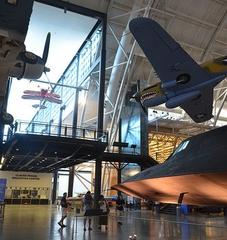 Steven F. Udvar-Hazy Center: Lockheed SR-71 Blackbird port panorama (F-4 Corsair & P-40 Warhawk overhead)